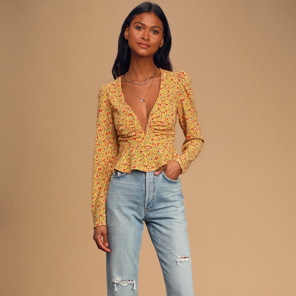 Yellow Floral Deep V Blouse
